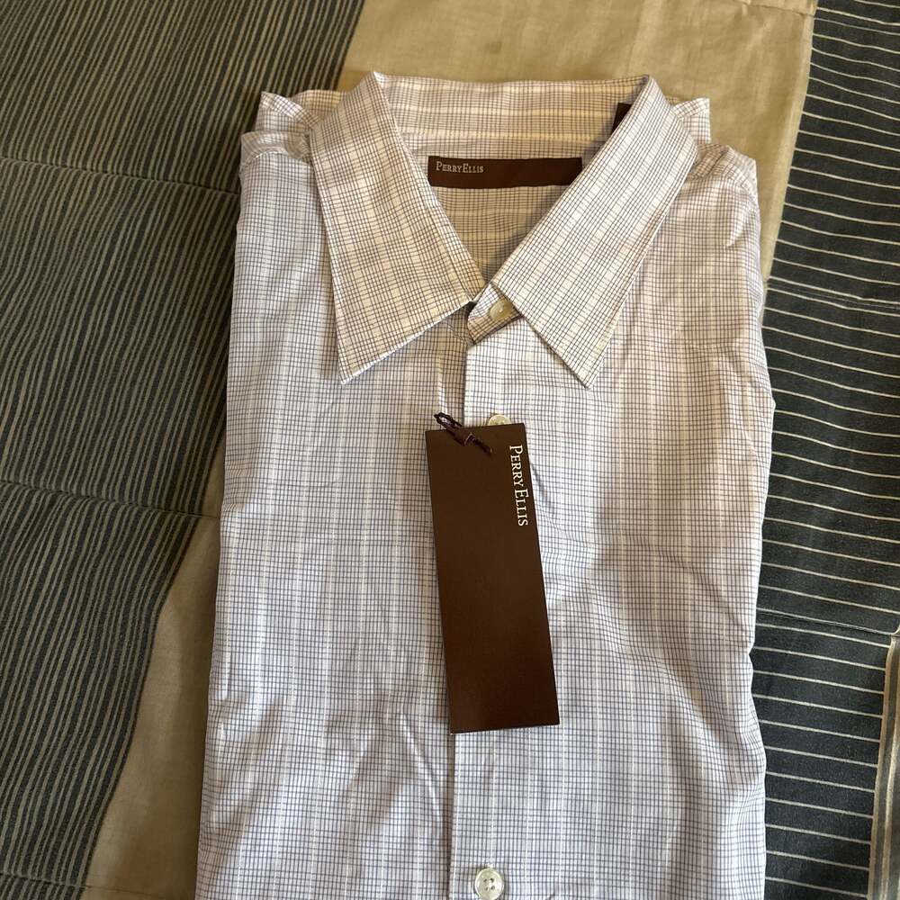 Men's PERRY ELLIS Light Blue / White Plaid Cotton Shirt XXL NWT NEW NiCe!